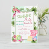 椰子の葉，花，フラミンゴ，スイカ誕生日 招待状 (スタンド正面)