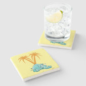 椰子熱狂するの木の下にかわいい青い象 ストーンコースター (横)