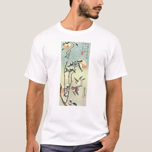 椿に雀、広重椿と雀、広重、浮世絵 Tシャツ (正面)