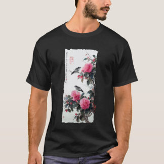 椿の枝に止まる鳥の和風アート ヴィンテージ Tシャツ
