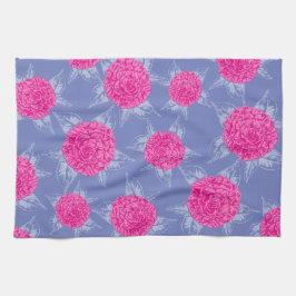 椿の花とインクス葉キックピンクブルー キッチンタオル