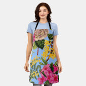 椿、レンギョウ、シャクナゲ、アカシアプリント エプロン (着用した状態)