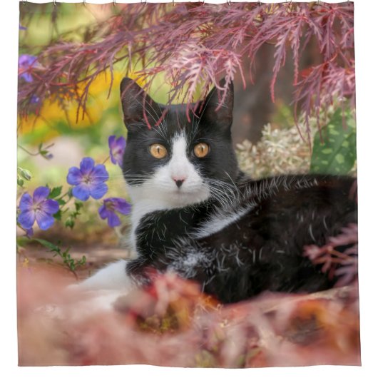 楓の木の下で休む可愛い黒白ネコ –  シャワーカーテン (正面)