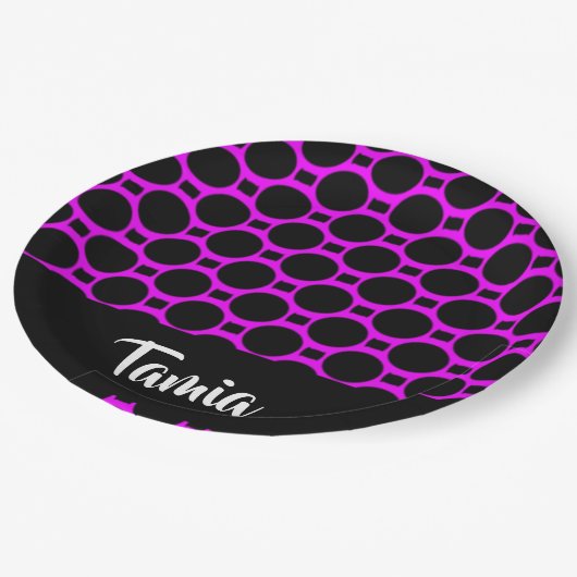 楕円の形状ピンクの黒 ペーパープレート (アングル)