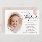 楕円フローラフォトバラ金ゴールドバナー洗礼招待状 招待状 (正面/裏面)