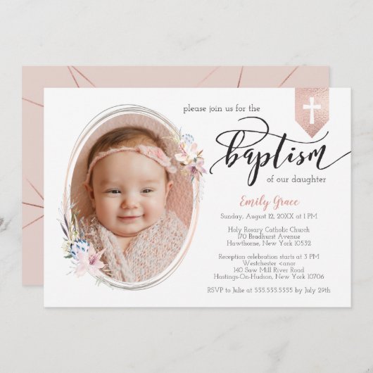 楕円フローラフォトバラ金ゴールドバナー洗礼招待状 招待状 (正面/裏面)