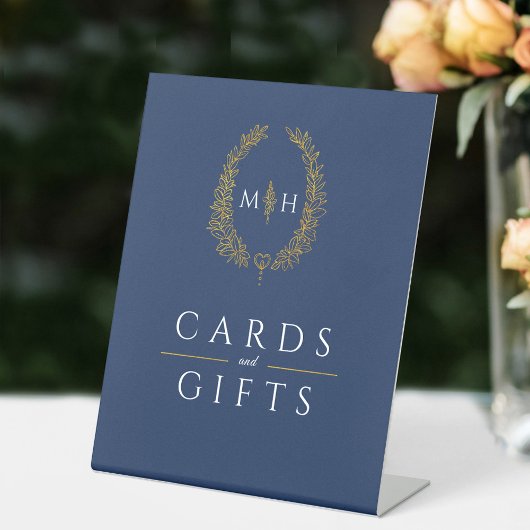 楕円リースブルー結婚金ゴールドのカードとギフト 台座サイン