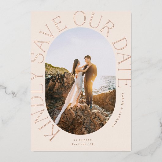 楕円形の写真フォイル付き日付を保存カーブ 箔招待状 (正面)