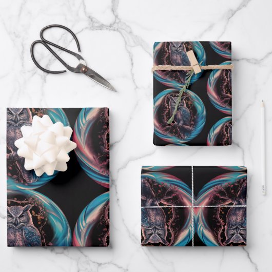 楕円形の枠付きフクロウパーソナライズされたの名前 ラッピングペーパーシート (正面)