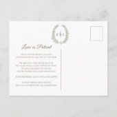 楕円形の葉のモノグラム ウェディング キャンセル オリーブグリーン 案内ポストカード (裏面)