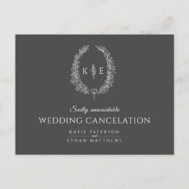 楕円形の葉のリースのモノグラム 結婚式 キャンセルのお知らせ グレー 案内ポストカード
