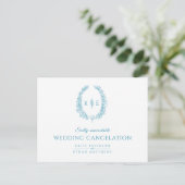 楕円形の葉のリースのモノグラム 結婚式 キャンセル ターコイズブルー 案内ポストカード (スタンド正面)