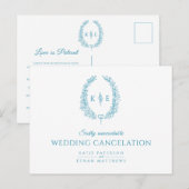 楕円形の葉のリースのモノグラム　結婚式　キャンセル　ターコイズ 案内ポストカード (正面/裏面)
