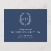楕円形の葉のリースのモノグラム　結婚式　キャンセル　青 案内ポストカード (正面)