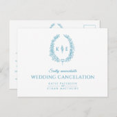 楕円形の葉の花輪のイニシャル結婚式キャンセルの青緑色 案内ポストカード (正面/裏面)