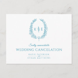 楕円形の葉の花輪のイニシャル結婚式キャンセルの青緑色 案内ポストカード