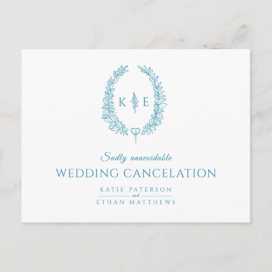 楕円形の葉の花輪のイニシャル結婚式キャンセルの青緑色 案内ポストカード (正面)