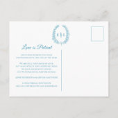 楕円形の葉の花輪のイニシャル結婚式キャンセルの青緑色 案内ポストカード (裏面)