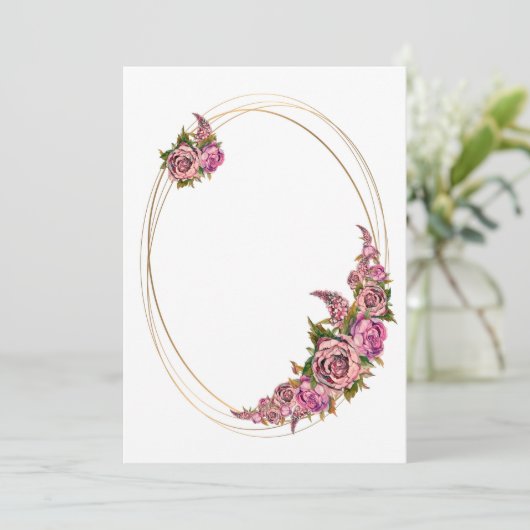 楕円形の金のフレームにピンクの水彩花 招待状 (スタンド正面)