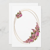 楕円形の金のフレームにピンクの水彩花 招待状 (正面/裏面)