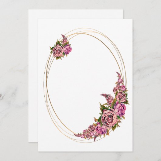 楕円形の金のフレームにピンクの水彩花 招待状 (正面/裏面)