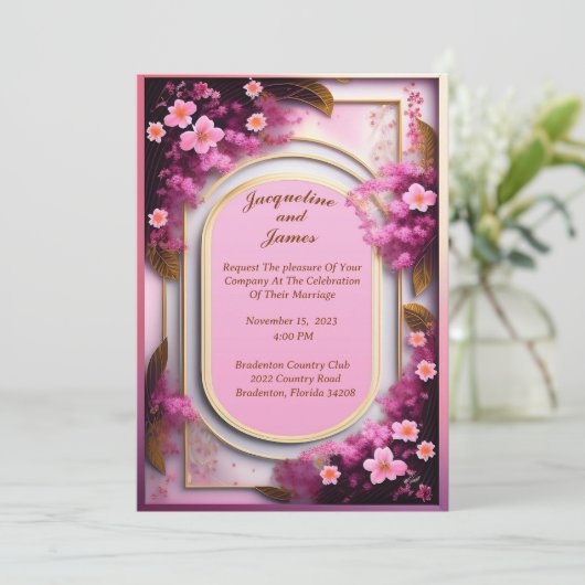 楕円形エレガントピンクの野生の花 招待状 (スタンド正面)