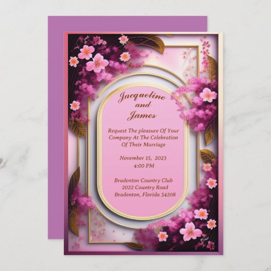 楕円形エレガントピンクの野生の花 招待状 (正面/裏面)