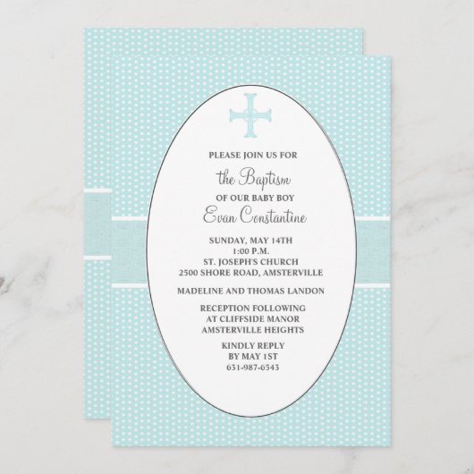 楕円形フレーム-青い宗教招待状の十字 招待状 (正面/裏面)