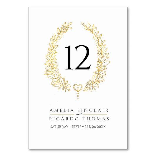 楕円形リースの葉の金ゴールドを白結婚の テーブルナンバー (正面)