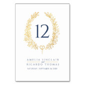 楕円形リース葉金ゴールドオンホワイトブルー文字結婚ズ テーブルナンバー (正面)
