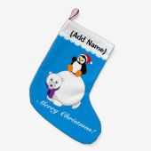 極モダン熊に乗ったペンギンの漫画 スモールクリスマスストッキング (正面 (吊り時))