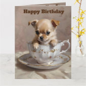 極小の喜び: ティーカップのチワワの子犬 カード (黄色い花)