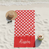 極小の赤と白の水玉模様のカスタムネーム ビーチタオル