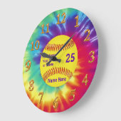 極度のかわいいソフトボールの時計のパーソナライズな3テキスト・ボックス ラージ壁時計 (傾斜)