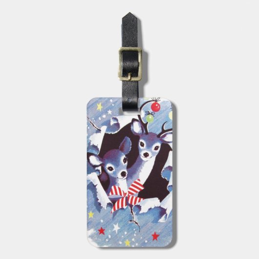 極度の甘いヴィンテージの青いトナカイのクリスマス ラゲッジタグ (正面縦)