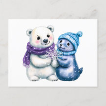 極性クマとシールの水彩イラストレーション