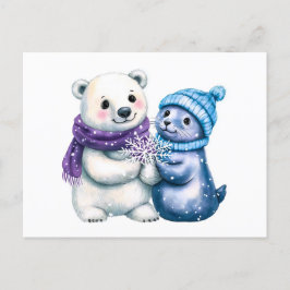 極性クマとシールの水彩イラストレーション ポストカード