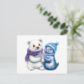 極性クマとシールの水彩イラストレーション ポストカード (スタンド正面)