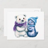 極性クマとシールの水彩イラストレーション ポストカード (正面/裏面)