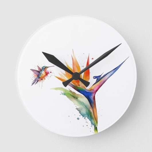 極楽の鳥と水色のハミングバード ラウンド壁時計 (正面)