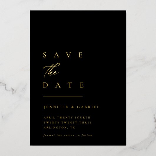 極minimalなゴールドタイポグラフィーのSave the Date | 箔招待状 (正面)