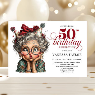 楽しいおかしい女性 50歳の誕生日 カートゥーン ユーモア 招待状
