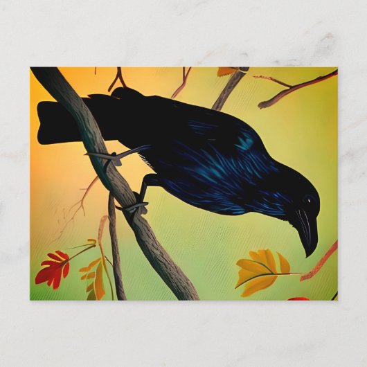 楽しいおもしろいレイヴンはブランチ葉書に止まっている ポストカード (正面)
