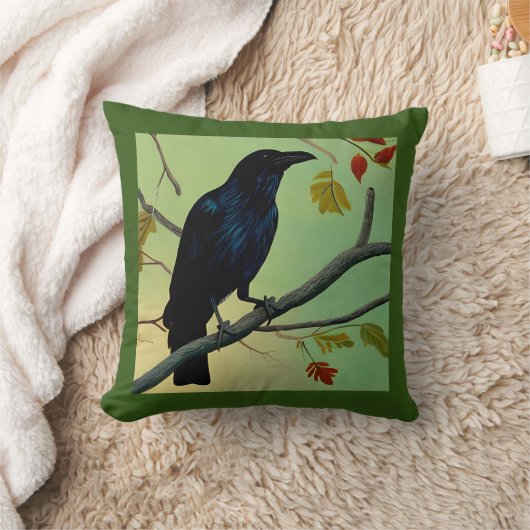 楽しいおもしろいレイヴンPerched On Branch クッション (ブランケット)
