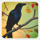 楽しいおもしろいレイヴンPerched On Branch スクエアシール (正面)