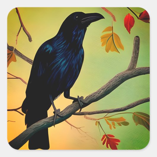 楽しいおもしろいレイヴンPerched On Branch スクエアシール (正面)