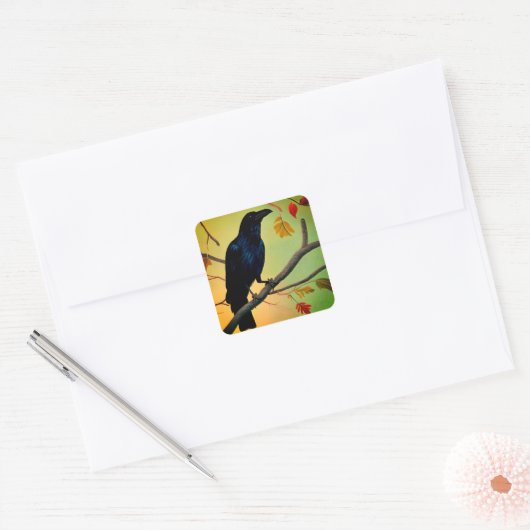 楽しいおもしろいレイヴンPerched On Branch スクエアシール (封筒)