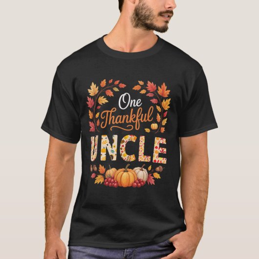 楽しいお礼を言うおじさん 女性 男性 秋 紅葉 感謝祭 Tシャツ (正面)