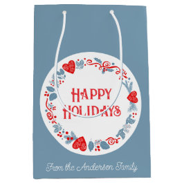 楽しいお祭り気分満載のホリデーシーズン ファミリー ネーム ブルー ミディアムペーパーバッグ