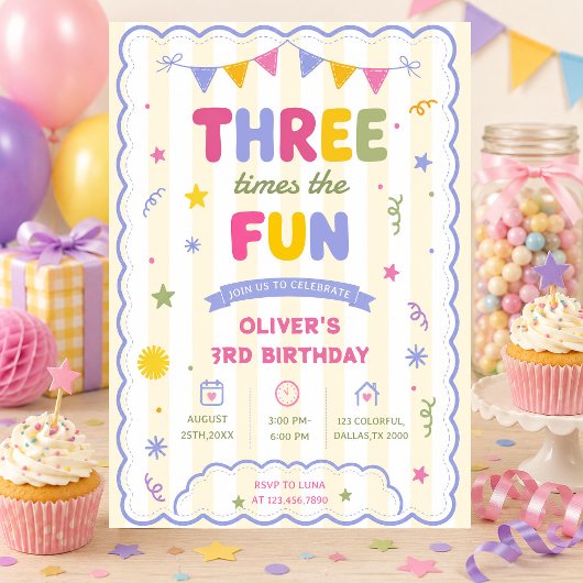楽しいことが3倍!カラフルな男の子の3歳の誕生日 招待状